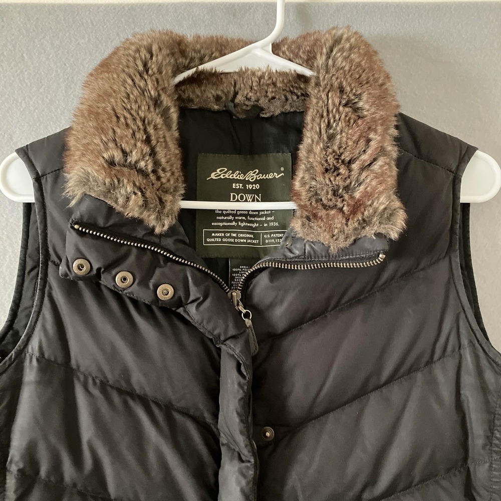 Eddie Bauer Faux Fur Collar Premium Goose Down Brown Puffer Vest Size M Outdoor - Picture 2 of 7